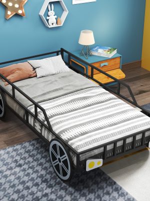 COSTWAY Twin Bed Frame for Kids, Race Car Themed Toddler Platform Bed with Metal Frame, Heavy-duty Slats, Safety Guardrails for Boys, Girls, No Box Spring Needed, Mattress Base w/ Wheel & Headlight Accents
