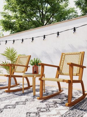Outsunny Outdoor Rocking Chair Set of 2, Acacia Wood Outdoor Rockers with Armrests, Rattan Wicker Back and Seat, Patio Wooden Rocking Chair Set for Garden, Balcony, Porch, Khaki