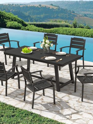 1pc Patio Dining Table, Patio Furniture HDPS All-Weather Material Outdoor Dining Coffee Table with Umbrella Hole
