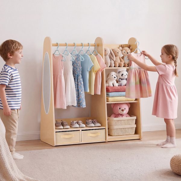local-goods-image-21140d62aa8-d9c3635a-a094-4592-a378-db0574c155c1_1600x1600.jpeg.format VEVOR Kids Dress Up Storage, with Mirror, Dress Up Closet, Toddler Wardrobe Closet for Little Girls, Armoire with Shelves & Bottom Tray, Costume Organizer, Toddler Room Furniture, for Bedroom, Natural