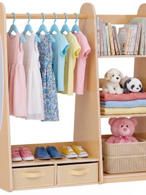 VEVOR Kids Dress Up Storage, with Mirror, Dress Up Closet, Toddler Wardrobe Closet for Little Girls, Armoire with Shelves & Bottom Tray, Costume Organizer, Toddler Room Furniture, for Bedroom, Natural