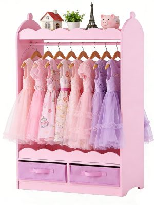 VEVOR Kids Dress Up Storage, with Mirror, Toddler Costume Wardrobe with Drawer, Dress Up Wardrobe Closet for Little Girls, Pretend Storage Dresser, Costume Organizer, for Bedroom, Kids Room, Pink