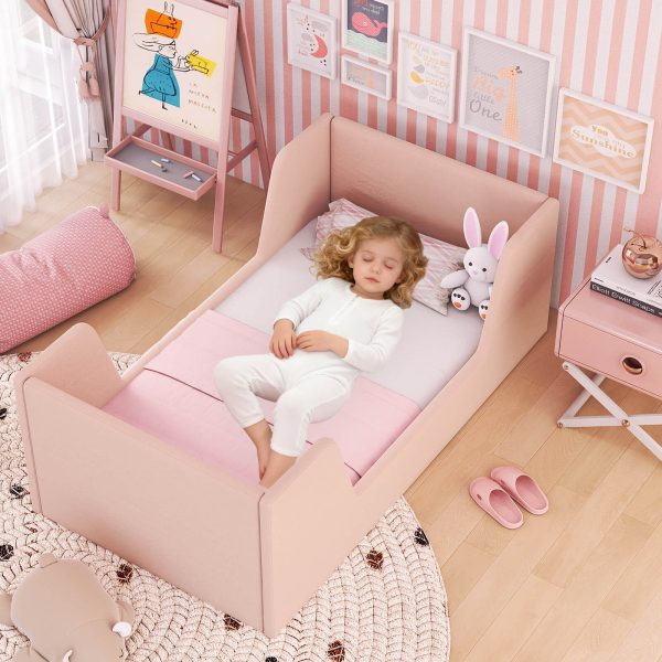 local-goods-image-21140d6a368-439d5e17-1e3e-4519-8085-669c8d3c5b20 COSTWAY Soft Velvet Fabric Upholstered Children Floor Bed w/Safety Rails & Headboard