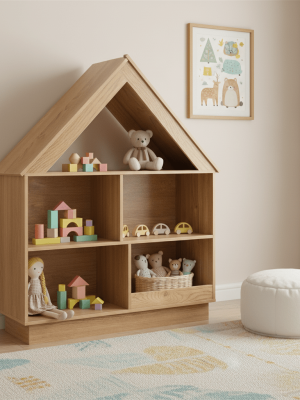 COSTWAY Wooden Kids Dollhouse Bookshelf, Toy Storage Organizer with 5 Compartments & Anti-Tip Kits, 3-Tier Open Display Shelf for Toddlers, House-Shaped Book Organizer for Nursery, Playroom, Living Room