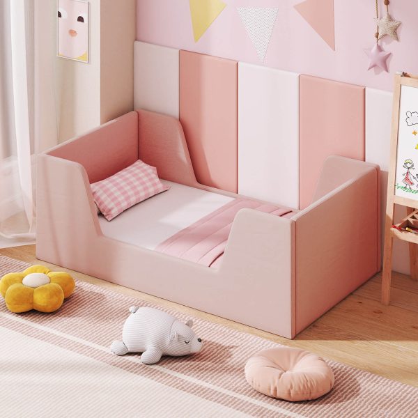 local-goods-image-21140d6a368-9662dae7-11bc-4b65-91f6-1ba136bd27fb COSTWAY Soft Velvet Fabric Upholstered Children Floor Bed w/Safety Rails & Headboard