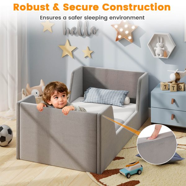 local-goods-image-21140d6a368-b77add4a-248b-4446-8177-e13a8a665b7b COSTWAY Soft Velvet Fabric Upholstered Children Floor Bed w/Safety Rails & Headboard