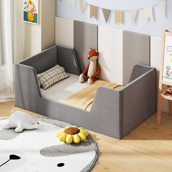 local-goods-image-21140d6a368-f679c861-02e9-4fa5-92eb-b6066da99ef3 COSTWAY Soft Velvet Fabric Upholstered Children Floor Bed w/Safety Rails & Headboard