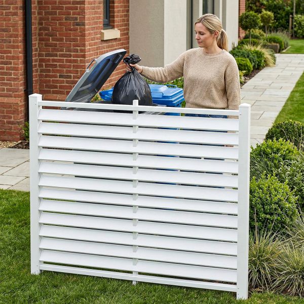 Air Conditioner Fence, White Vinyl Pool Equipment Enclosure Panel with Metal Stakes, Outdoor Trash Can Screen Privacy Fence Panels for Outside