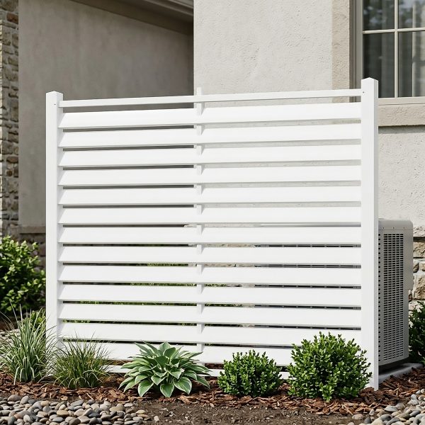Air Conditioner Fence, White Vinyl Pool Equipment Enclosure Panel with Metal Stakes, Outdoor Trash Can Screen Privacy Fence Panels for Outside