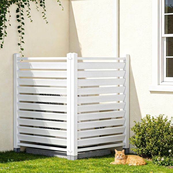 Air Conditioner Fence, White Vinyl Pool Equipment Enclosure Panel with Metal Stakes, Outdoor Trash Can Screen Privacy Fence Panels for Outside