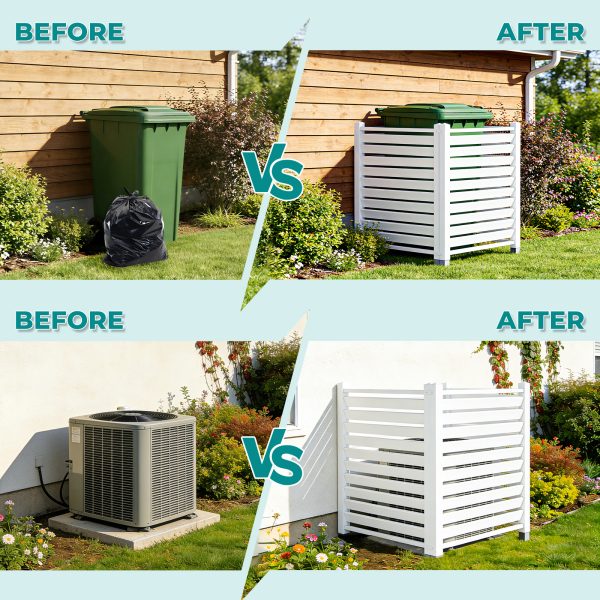 Air Conditioner Fence, White Vinyl Pool Equipment Enclosure Panel with Metal Stakes, Outdoor Trash Can Screen Privacy Fence Panels for Outside