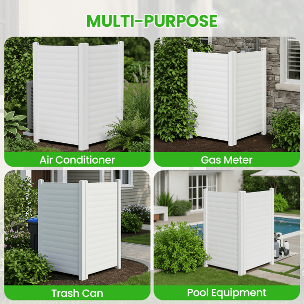 Air Conditioner Fence, White Vinyl Pool Equipment Enclosure Panel with Metal Stakes, Outdoor Trash Can Screen Privacy Fence Panels for Outside