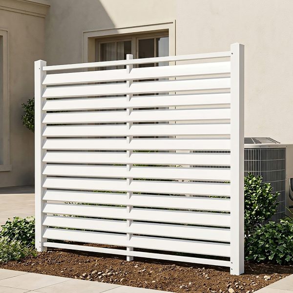 Air Conditioner Fence, White Vinyl Pool Equipment Enclosure Panel with Metal Stakes, Outdoor Trash Can Screen Privacy Fence Panels for Outside