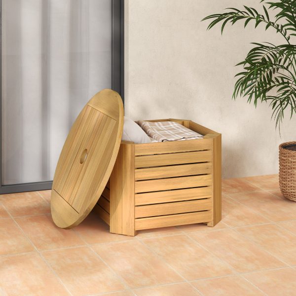 COSTWAY Outdoor Acacia Wood Side Table with Umbrella Hole, Square/Round Slatted Coffee End Table with Storage, Removable Base & Outside Storage Box for Backyard, Balcony, Poolside