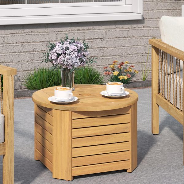 COSTWAY Outdoor Acacia Wood Side Table with Umbrella Hole, Square/Round Slatted Coffee End Table with Storage, Removable Base & Outside Storage Box for Backyard, Balcony, Poolside