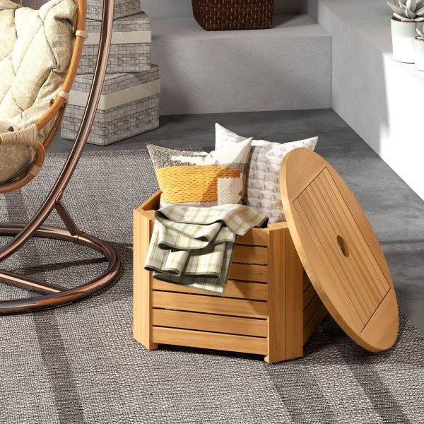 COSTWAY Outdoor Acacia Wood Side Table with Umbrella Hole, Square/Round Slatted Coffee End Table with Storage, Removable Base & Outside Storage Box for Backyard, Balcony, Poolside