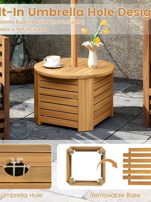 COSTWAY Outdoor Acacia Wood Side Table with Umbrella Hole, Square/Round Slatted Coffee End Table with Storage, Removable Base & Outside Storage Box for Backyard, Balcony, Poolside