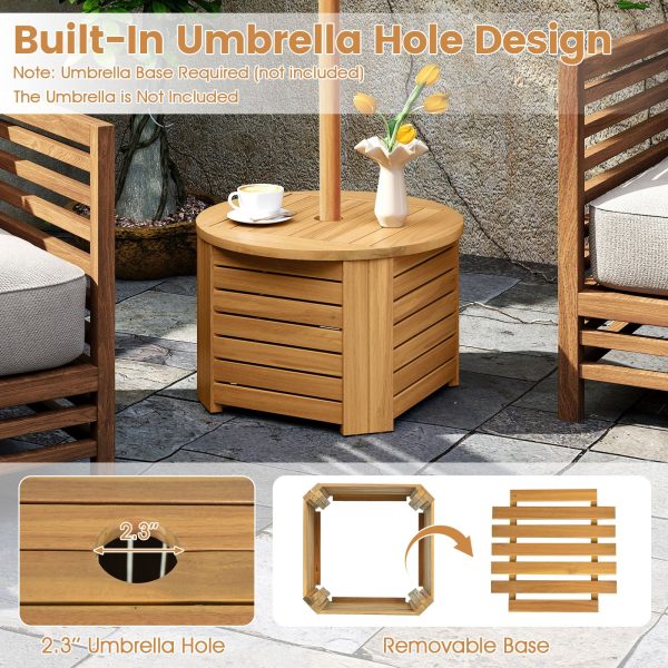 COSTWAY Outdoor Acacia Wood Side Table with Umbrella Hole, Square/Round Slatted Coffee End Table with Storage, Removable Base & Outside Storage Box for Backyard, Balcony, Poolside