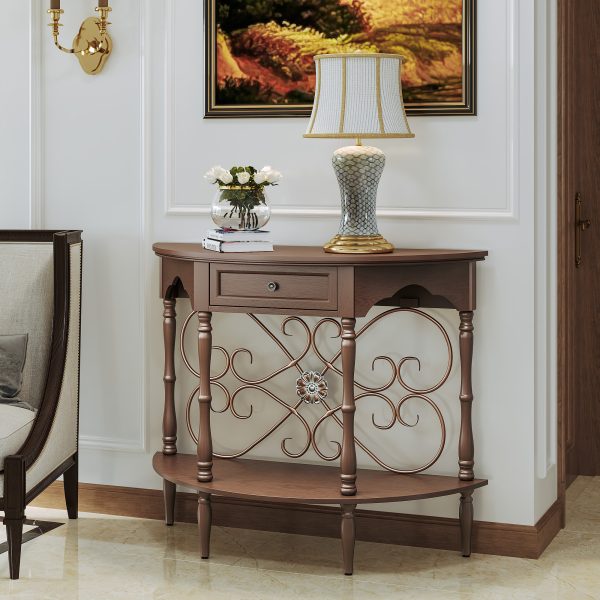 local-goods-image-211a2a49ed4-135fe6eb-c793-4006-a0bf-ac75f92b9f32_2000x2000.jpeg.format 40" Retro Curved Half Moon Console Table with Drawer Storage & Open Shelf, Half Moon Console Table for Entryway, Circle Sofa Table with Geometric Base, Wood Accent Table for Living Room, Hallway, Foyer, Entrance