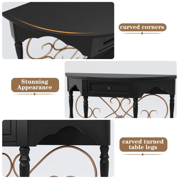 local-goods-image-211a2a49ed4-62550249-c6d2-4ea0-9d87-5eb47136677c_2000x2000.jpeg.format 40" Retro Curved Half Moon Console Table with Drawer Storage & Open Shelf, Half Moon Console Table for Entryway, Circle Sofa Table with Geometric Base, Wood Accent Table for Living Room, Hallway, Foyer, Entrance