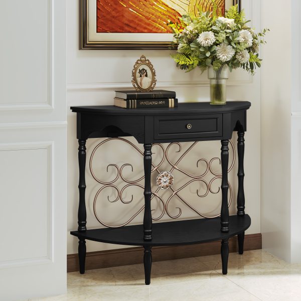 local-goods-image-211a2a49ed4-69324e0f-dc27-44fb-b360-07cfe87a4a69_2000x2000.jpeg.format 40" Retro Curved Half Moon Console Table with Drawer Storage & Open Shelf, Half Moon Console Table for Entryway, Circle Sofa Table with Geometric Base, Wood Accent Table for Living Room, Hallway, Foyer, Entrance