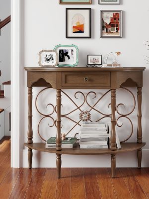 40" Retro Curved Half Moon Console Table with Drawer Storage & Open Shelf, Half Moon Console Table for Entryway, Circle Sofa Table with Geometric Base, Wood Accent Table for Living Room, Hallway, Foyer, Entrance