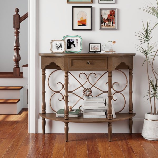local-goods-image-211a2a49ed4-740f607c-0205-44aa-9547-826ad984b5ce_2000x2000.jpeg.format 40" Retro Curved Half Moon Console Table with Drawer Storage & Open Shelf, Half Moon Console Table for Entryway, Circle Sofa Table with Geometric Base, Wood Accent Table for Living Room, Hallway, Foyer, Entrance