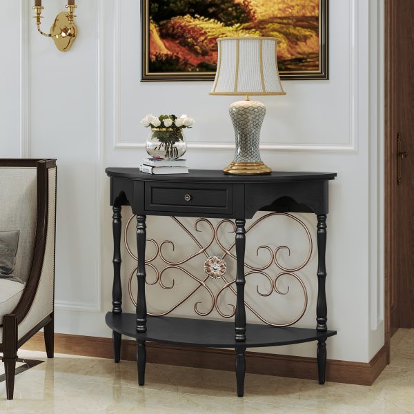 local-goods-image-211a2a49ed4-77451755-a4cb-4ad5-80fd-a3ae2c47c3a2_2000x2000.jpeg.format 40" Retro Curved Half Moon Console Table with Drawer Storage & Open Shelf, Half Moon Console Table for Entryway, Circle Sofa Table with Geometric Base, Wood Accent Table for Living Room, Hallway, Foyer, Entrance