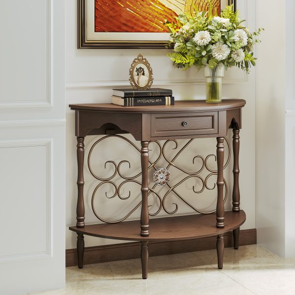 local-goods-image-211a2a49ed4-7c07f920-874c-4b01-bce5-bf31fb8caefc_2000x2000.jpeg.format 40" Retro Curved Half Moon Console Table with Drawer Storage & Open Shelf, Half Moon Console Table for Entryway, Circle Sofa Table with Geometric Base, Wood Accent Table for Living Room, Hallway, Foyer, Entrance