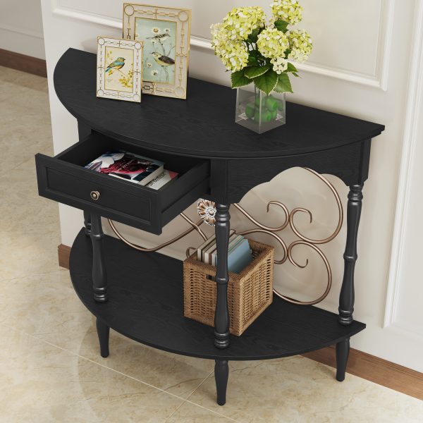 local-goods-image-211a2a49ed4-7e69304b-f232-4293-9cab-a8af3464c4a9_2000x2000.jpeg.format 40" Retro Curved Half Moon Console Table with Drawer Storage & Open Shelf, Half Moon Console Table for Entryway, Circle Sofa Table with Geometric Base, Wood Accent Table for Living Room, Hallway, Foyer, Entrance