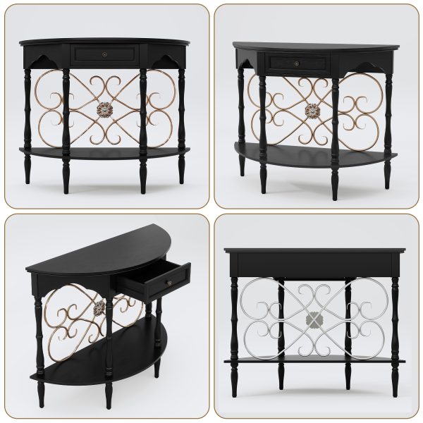 local-goods-image-211a2a49ed4-c2c77de2-3d06-4487-8a50-3ecfa665c6f2_2000x2000.jpeg.format 40" Retro Curved Half Moon Console Table with Drawer Storage & Open Shelf, Half Moon Console Table for Entryway, Circle Sofa Table with Geometric Base, Wood Accent Table for Living Room, Hallway, Foyer, Entrance