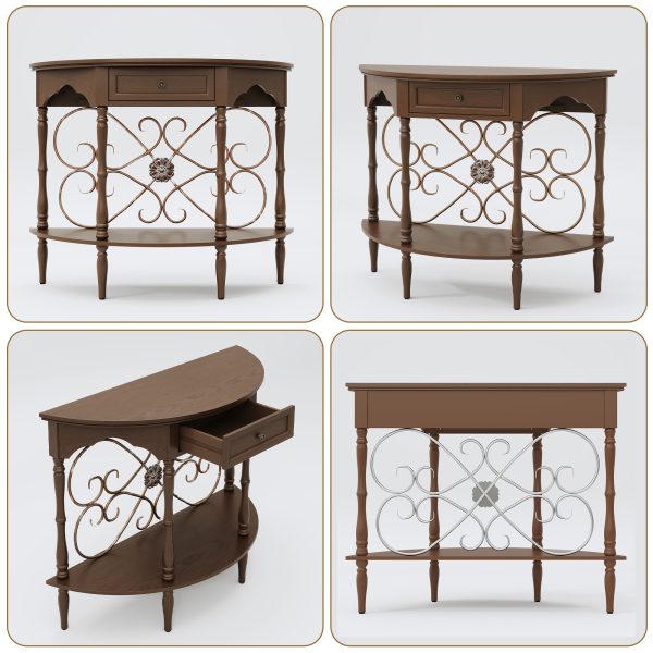 local-goods-image-211a2a49ed4-ccb21544-5588-44f0-aff7-0f328e1514e4_2000x2000.jpeg.format 40" Retro Curved Half Moon Console Table with Drawer Storage & Open Shelf, Half Moon Console Table for Entryway, Circle Sofa Table with Geometric Base, Wood Accent Table for Living Room, Hallway, Foyer, Entrance