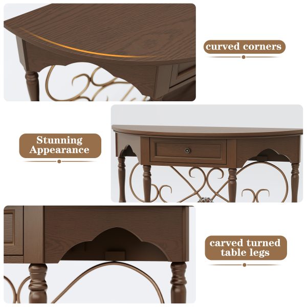 local-goods-image-211a2a49ed4-dd9083b3-4a29-4927-b226-e1e135c1f7da_2000x2000.jpeg.format 40" Retro Curved Half Moon Console Table with Drawer Storage & Open Shelf, Half Moon Console Table for Entryway, Circle Sofa Table with Geometric Base, Wood Accent Table for Living Room, Hallway, Foyer, Entrance