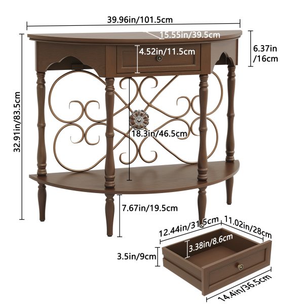 local-goods-image-211a2a49ed4-e250c6d7-7ee0-4e20-af33-6b89c13effd9_2000x2000.jpeg.format 40" Retro Curved Half Moon Console Table with Drawer Storage & Open Shelf, Half Moon Console Table for Entryway, Circle Sofa Table with Geometric Base, Wood Accent Table for Living Room, Hallway, Foyer, Entrance