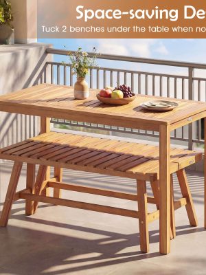 COSTWAY 3PCS Acacia Wood Patio Dining Set w/Slatted Seats for Deck, Lawn and Backyard