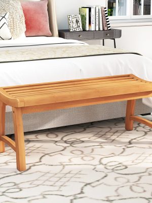 COSTWAY Teak Wood Outdoor Backless Bench, 2-Person Patio Garden Dining Bench with Contoured Slatted Seat, 800 lbs Capacity, Outside Loveseat Seating Furniture for Porch, Balcony, Deck and Yard