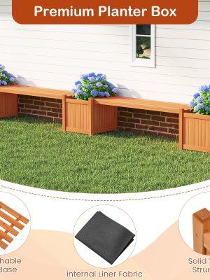 COSTWAY Hardwood Planter Box w/ Bench, Garden Bench w/ 2 Side Flower Boxes, Teak Oil Finish & Open-ended Base, Outdoor Plant Container for Garden, Yard, Balcony, DIY Assembly