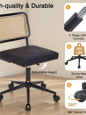 Armless Home Office Chair with Wheels, PU Leather Seat, Height Adjustable 360° Swivel Desk Chair with Rattan Back for Bedroom, Home Office, Small Spaces