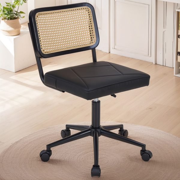 local-goods-image-21a488c39c-282746cf-46e7-40d3-9b8c-a0248394c49a_2000x2000.jpeg.format Armless Home Office Chair with Wheels, PU Leather Seat, Height Adjustable 360° Swivel Desk Chair with Rattan Back for Bedroom, Home Office, Small Spaces