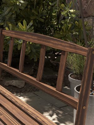 Outdoor Table and Chairs for 4 People, Wooden Patio Table and Dining Bench Set, 3 Piece All Weather Furniture Set with Wagon Wheel Design for Backyard Garden, Deck, Carbonized