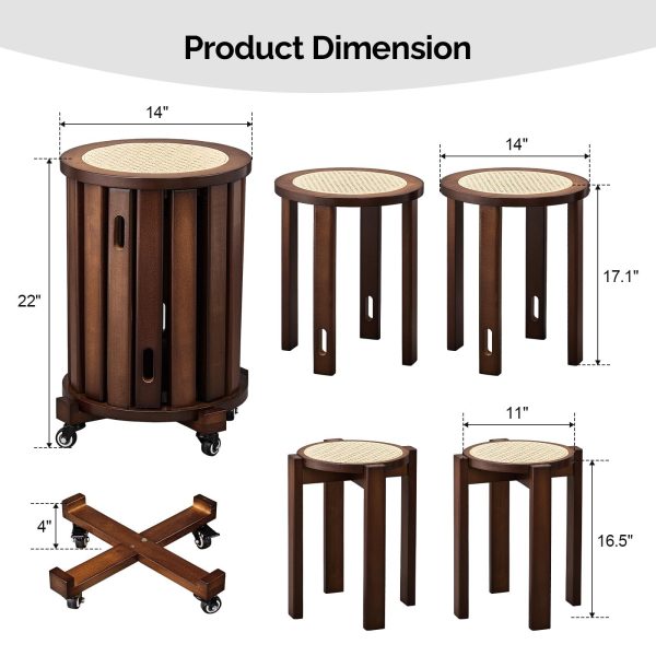 4/6 PCS Stackable Stools, Rubber Wood Stool with Rattan Woven Seat and Mobile Base, Stacking Side Stool for Dining Table, Walnut / Natural Wood