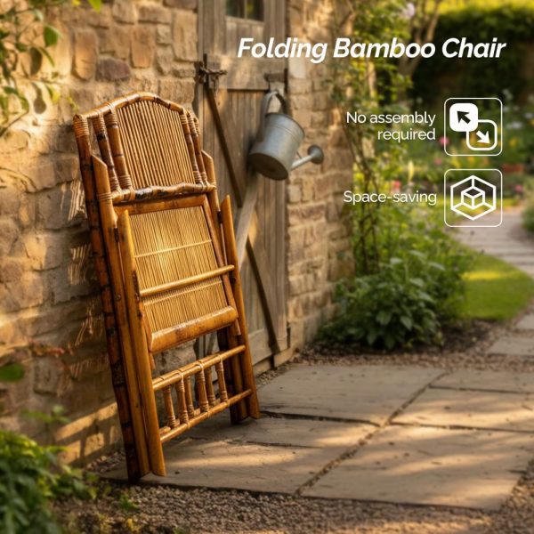 Handmade Bamboo Rattan Double Seat Folding Loveseat - Sturdy Portable Foldable Chair for Outdoor Patio Balcony Garden, Space-Saving Outdoor Leisure Chair