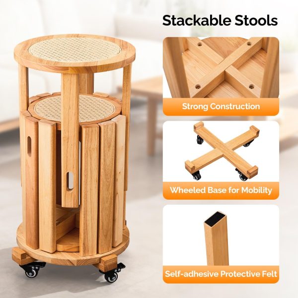 4/6 PCS Stackable Stools, Rubber Wood Stool with Rattan Woven Seat and Mobile Base, Stacking Side Stool for Dining Table, Walnut / Natural Wood