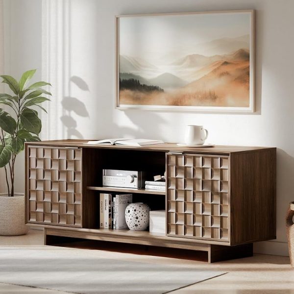 COLAMY TV Stand with Two Doors， Entertainment Center 59" with Adjustable Shelves and Storage， Mid-Century Modern TV Stand for 50/55/65 inch TV， Media Console Cabinet for Living Room， Bedroom Walnut