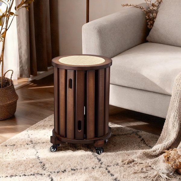 4/6 PCS Stackable Stools, Rubber Wood Stool with Rattan Woven Seat and Mobile Base, Stacking Side Stool for Dining Table, Walnut / Natural Wood