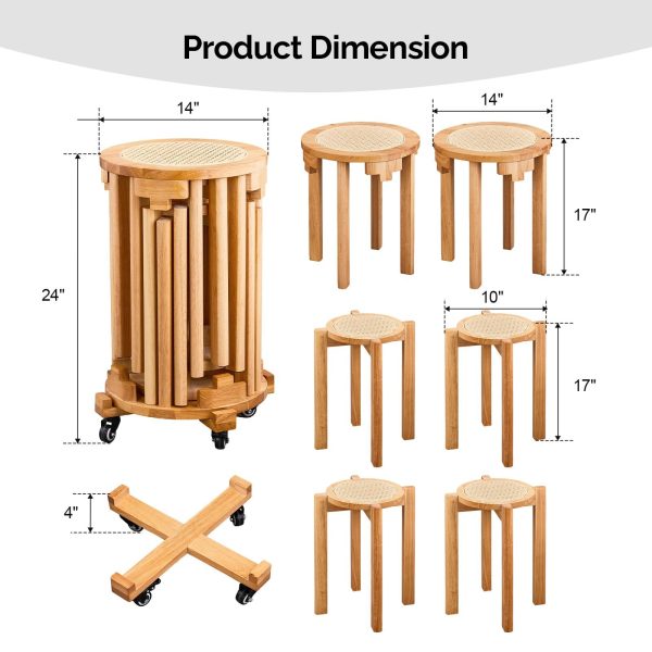 4/6 PCS Stackable Stools, Rubber Wood Stool with Rattan Woven Seat and Mobile Base, Stacking Side Stool for Dining Table, Walnut / Natural Wood