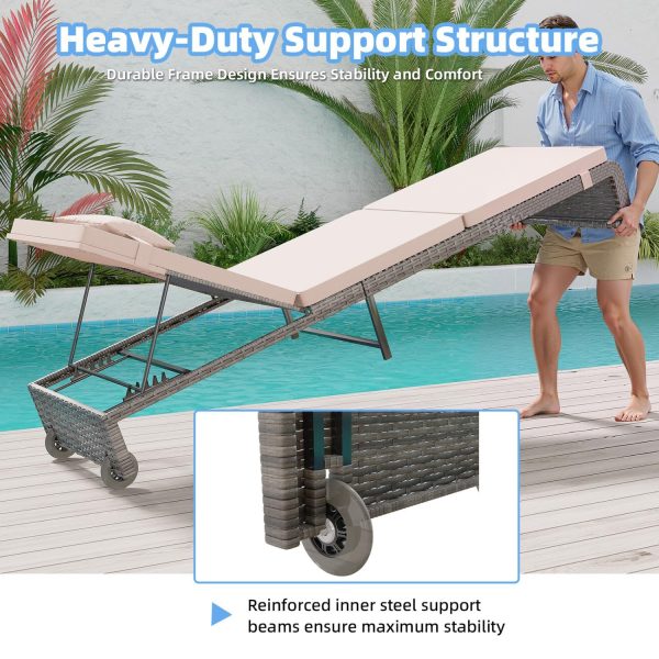 3 Pieces Chaise Lounge Set, Modern Outdoor Patio Furniture with Adjustable Backrest & Side Table, Durable PE Wicker, Weather Resistant Cushions