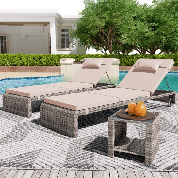 3 Pieces Chaise Lounge Set, Modern Outdoor Patio Furniture with Adjustable Backrest & Side Table, Durable PE Wicker, Weather Resistant Cushions