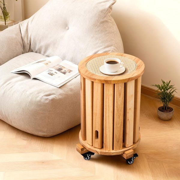 4/6 PCS Stackable Stools, Rubber Wood Stool with Rattan Woven Seat and Mobile Base, Stacking Side Stool for Dining Table, Walnut / Natural Wood