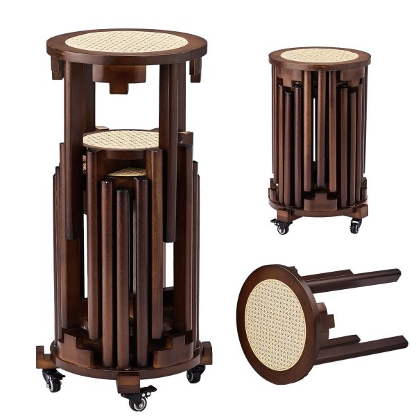4/6 PCS Stackable Stools, Rubber Wood Stool with Rattan Woven Seat and Mobile Base, Stacking Side Stool for Dining Table, Walnut / Natural Wood